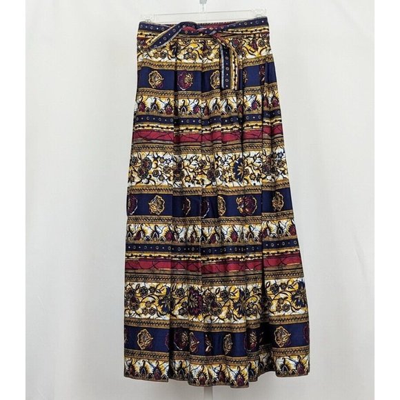 Vintage 70s Skirt Blue Red Yellow White Block Print Maxi Long Pleated Size M - Picture 1 of 4